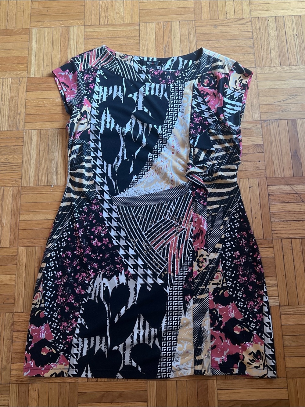 Style & Co. Black, Pink and Cream Mixed-Print Cap-Sleeve Mini Dress